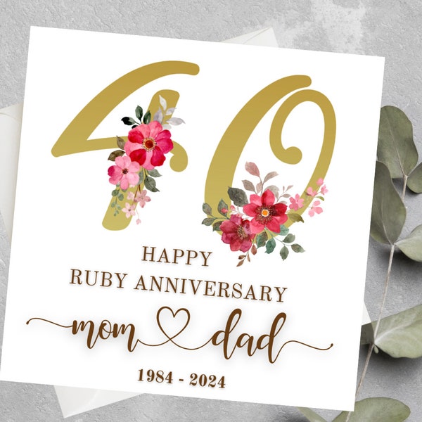 Personalised Ruby Wedding Anniversary Card, Ruby Wedding Anniversary Gift Card, Ruby Anniversary, 40 year Anniversary Card For Parents