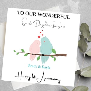 Tarjeta personalizada del primer aniversario de boda para hijo y nuera, tarjeta de aniversario de boda para hijo, hija, pareja, esposa, marido