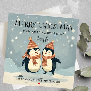 Carte d’anniversaire de Noël pingouin personnalisée pour petit ami, petite amie, mari, femme, partenaire, carte de Noël romantique pour couple, mari