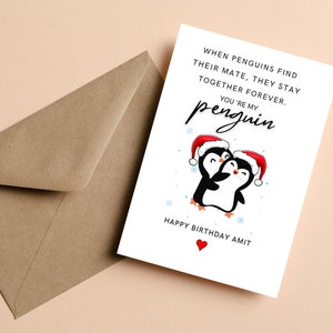 Carte d’anniversaire de Noël Pinguin personnalisée pour petit ami, petite amie, mari, femme, partenaire, carte d’anniversaire de Noël romantique pour couple
