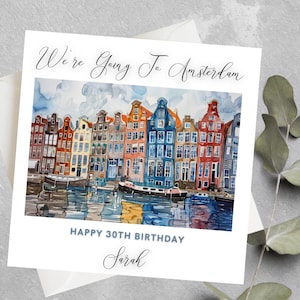Personalizado vamos a Amsterdam tarjeta de vacaciones, tarjeta de aniversario de cumpleaños sorpresa, tarjeta de cumpleaños de vacaciones sorpresa marido esposa