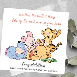 Carte personnalisée de baby shower de Winnie l'ourson, carte sentimentale de Winnie l'ourson, carte de bienvenue d'un nouveau bébé, citation de Winnie l'ourson
