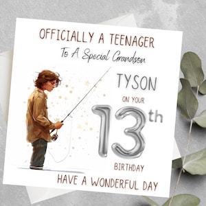Tarjeta de cumpleaños personalizada para niños de 13 años, oficialmente una tarjeta para adolescentes para nieto, ahijado, hijo, sobrino, adolescente Tarjeta de cumpleaños de pesca