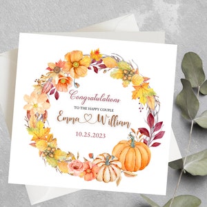 Carte de mariage d'automne, Cartes personnalisées pour mariage d'automne, Cartes Citrouille, Couronne de fleurs d'automne, Mariage d'automne, L'heureux couple M. Mme