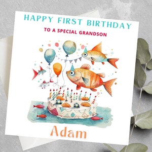 Carte d'anniversaire personnalisée de petit-fils, carte d'anniversaire poisson, carte d'anniversaire d'amant de poisson, filleul, fils, carte d'anniversaire de petit-fils personnalisée