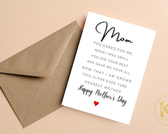 Poem Mothers Day Card From Daughter, Cute Mother Day Card Mom, Happy Mothers Day Cards, Personalised Mothers Day Gift,Mother's Day Poem Card