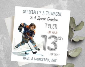 Gepersonaliseerde 13e verjaardagskaart voor jongens, officieel een tienerkaart voor kleinzoon, peetzoon, zoon, neef, tiener hockeyspeler verjaardagskaart