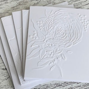 Tarjetas de notas florales blancas en relieve (conjunto de 6), tarjetas de notas en relieve para todas las ocasiones, tarjetas de notas en relieve en blanco por dentro, tarjeta en blanco en relieve floral