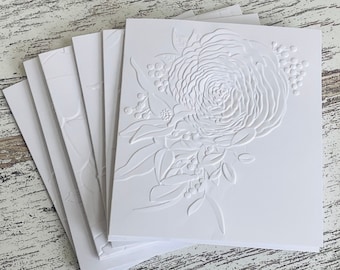 Embossed White Floral NoteCards (set of 6), Embossed Note Cards All Occasions, Embossed Notecards Blank Inside, Floral Embossed blank card
