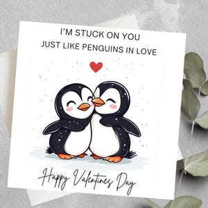 Valentine's Day card with penguins,Sweet penguin love card,Penguin Valentine's Day, Penguin couple Valentine's Day card, Penguin lovebirds