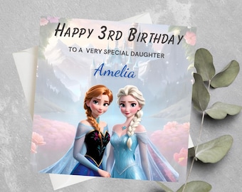 Cartão de aniversário personalizado Frozen, neta, filha, sobrinha, qualquer idade, cartão de aniversário Frozen, cartão de aniversário Frozen com Elsa e Anna