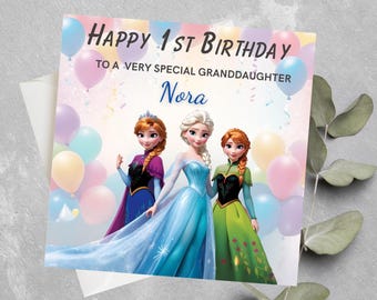Cartão de aniversário personalizado Frozen, neta, filha, sobrinha, qualquer idade, cartão de aniversário Frozen, cartão de aniversário Frozen com Elsa e Anna