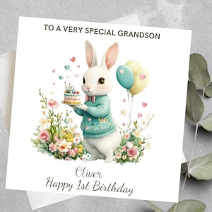 Cartão personalizado de primeiro aniversário de coelho, cartão de primeiro aniversário de coelho, cartão de aniversário de coelho, neto, filho, afilhado, cartão de primeiro aniversário de menino, coelho