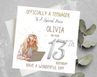 Carte personnalisée pour le 13e anniversaire d'une nièce, officiellement une adolescente, carte pour les filles, nièce, petite-fille, fille, filleule, 13e anniversaire