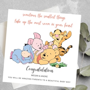 Carte personnalisée de baby shower de Winnie l'ourson, carte sentimentale de Winnie l'ourson, carte de bienvenue d'un nouveau bébé, citation de Winnie l'ourson