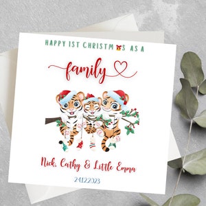 Gepersonaliseerde eerste kerstkaart als familiekaart, moeder, vader en babymeisje 1e kerstkaart voor 2023, 1e kerstkaart als gezin van 3 kaarten