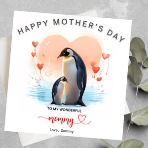 Tarjeta personalizada del Día de la Madre Pingüino, Tarjeta del Día de la Madre de dos, tres bebés, Para un maravilloso regalo del Día de la Madre Mamá, Día de la Madre Pingüino