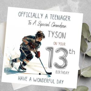 Biglietto di compleanno personalizzato per il 13° compleanno per ragazzi, biglietto ufficialmente per un adolescente per nipote, figlioccio, figlio, nipote, biglietto di compleanno per giocare a hockey su adolescenti