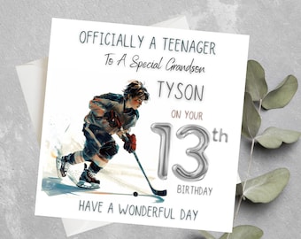 Gepersonaliseerde 13e verjaardagskaart voor jongens, officieel een tienerkaart voor kleinzoon, peetzoon, zoon, neef, tiener hockeyspeler verjaardagskaart