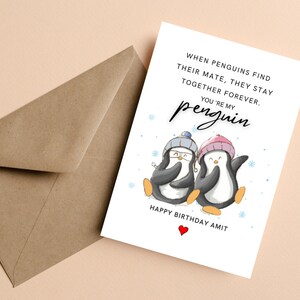 Carte d’anniversaire de Noël pingouin personnalisée pour petit ami, petite amie, mari, femme, partenaire, carte d’anniversaire de Noël romantique pour couple