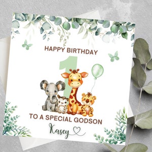 Carte d'anniversaire personnalisée pour filleul, 1er anniversaire de filleul, filleul, petit-fils Woodland premier anniversaire carte, carte d'anniversaire verte pour filleul