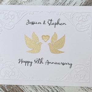 Golden wedding anniversary card, Embossed 50th wedding anniversary love bird card, Personalised Wedding Anniversary Card for any year