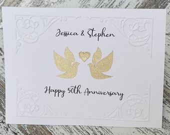 Golden wedding anniversary card, Embossed 50th wedding anniversary love bird card, Personalised Wedding Anniversary Card for any year