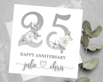 Gepersonaliseerde zilveren huwelijksverjaardagkaart voor vriend, stel, gelukkige 25e huwelijksverjaardagkaart, echtgenoot, vrouw 25e verjaardag aangepast
