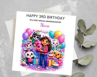 Tarjeta de cumpleaños personalizada de la casa de muñecas de Gabby. Tarjeta de cumpleaños de la casa de muñecas de Gabby para nieta, sobrina, hija, cumpleaños de la casa de muñecas, gato adorable.