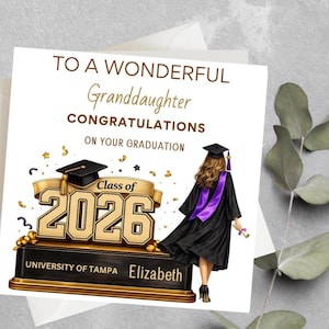 May include: A graduation card with the text "To a Wonderful Granddaughter, Congratulations on Your Graduation." The card features a graduate in a black gown and purple sash, with "Class of 2026" and "University of Tampa Elizabeth" displayed.