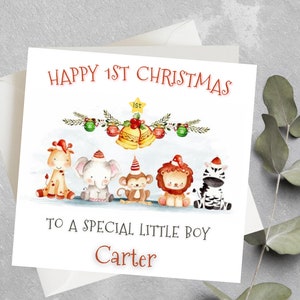 Primeiro cartão de Natal personalizado para menino, primeiro cartão de Natal para neto, primeiro presente de Natal de animal fofo, menino, meninas, primeiro cartão de Natal, primeiro feliz