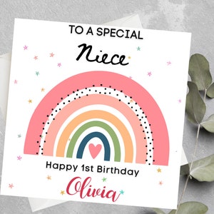 Carte de premier anniversaire arc-en-ciel, à une nièce spéciale, joyeux 1er anniversaire, personnalisée avec n'importe quel nom, carte de premier anniversaire de filles, pour fille