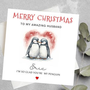 Carte de Noël personnalisée pingouin pour mari, femme, fiancé, carte de Noël romantique pour couple, jolie carte de Noël pingouin pour couple