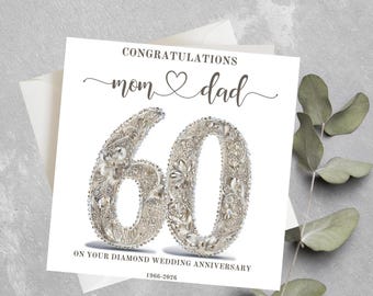 Personalised 60th Anniversary Card For Parents, Diamond Wedding Anniversary Card, 60th Wedding Anniversary Card, Sixtieth Anniversary Card