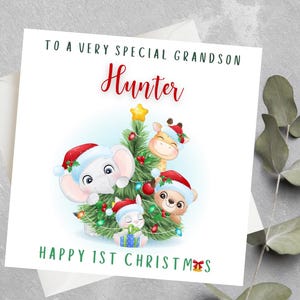 1er carte de Noël personnalisée de petit-fils, 1er carte de Noël de bébé, cadeau de premier Noël de petit-fils, 1er carte de Noël personnalisée de bébé