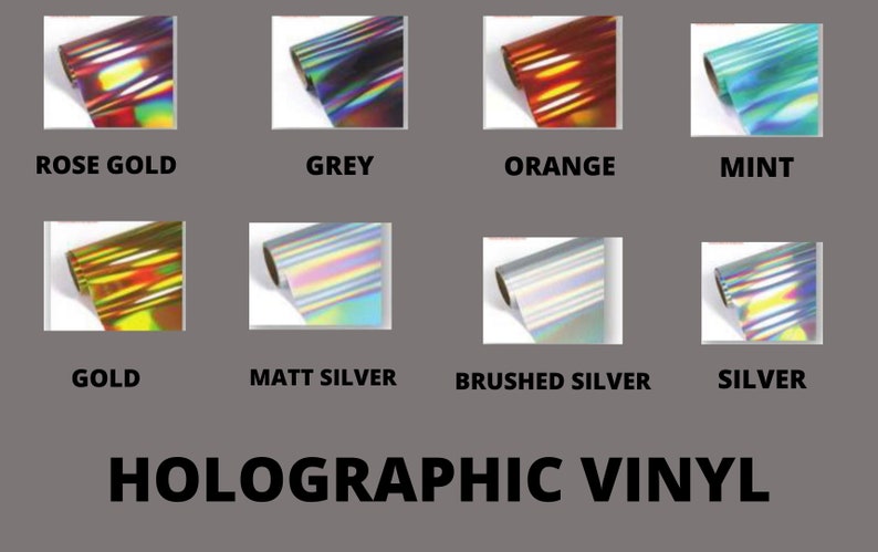 May include: Assortment of holographic vinyl rolls in various colors, including rose gold, grey, orange, mint, gold, matt silver, brushed silver, and silver.  HOLOGRAPHIC VINYL.