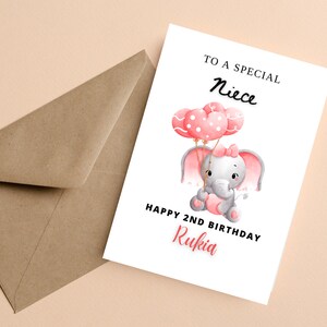 Carte personnalisée de 2e anniversaire de nièce, carte d’anniversaire personnalisée pour nièce, carte d’anniversaire d’éléphant mignon, carte de joyeux anniversaire pour les filles de nièce