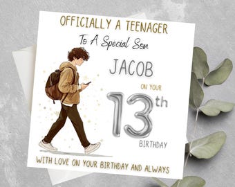 Gepersonaliseerde 13e verjaardagskaart voor jongens, officieel een tiener, tienerjongenskaart voor zoon, kleinzoon, neef, 13e verjaardagskaart voor peetzoon