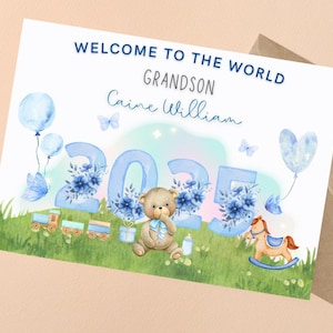 Carte personnalisée 2025 pour nouveau bébé garçon, bienvenue dans le monde, carte pour nouveaux parents, carte de félicitations pour nouveau bébé, cadeau pour nouveau bébé, carte pour nouveau petit-fils
