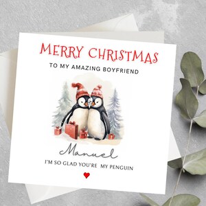 Carte d'anniversaire personnalisée de Noël pingouin pour petit ami, petite amie, mari, femme, partenaire, carte de Noël romantique pour couple, mari