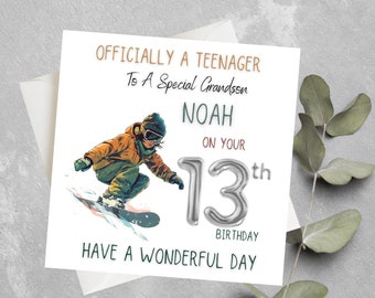 Gepersonaliseerde 13e verjaardagskaart voor jongens, officieel een tienerkaart voor kleinzoon, peetzoon, zoon, neef, tiener snowboarden verjaardagskaart