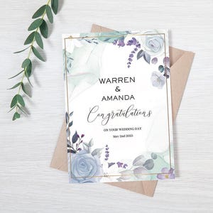 Carte de mariage personnalisée, carte de félicitations pour le jour du mariage, carte de mariage, carte de félicitations de mariage, carte de mariage floral bleu