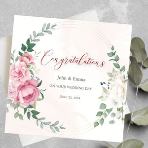 Carte de mariage personnalisée pour fille, fils, carte de mariage florale, cadeau de félicitations pour le jour de mariage, carte de mariage florale de félicitations