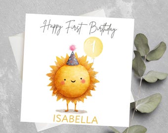 Cartão de aniversário personalizado com tema de sol, cartão de aniversário de sol, cartão de sol, cartão de aniversário fofo de sol para crianças, cartão de aniversário amarelo