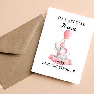Carte personnalisée de 1er anniversaire de nièce, carte d’anniversaire personnalisée pour nièce, carte d’anniversaire d’éléphant mignon, carte de joyeux anniversaire pour nièce filles