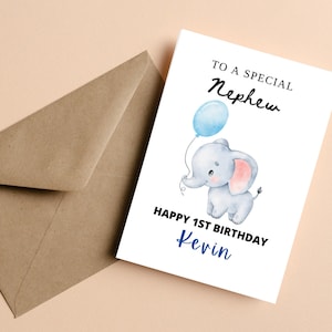 Carte d'anniversaire personnalisée neveu 1er, carte d'anniversaire personnalisée pour neveu, carte d'anniversaire éléphant mignon, carte de joyeux anniversaire pour neveu