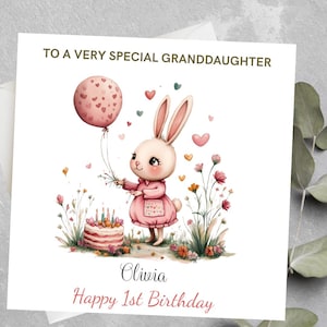 Carte personnalisée de premier anniversaire de lapin, carte de premier anniversaire de lapin, carte d'anniversaire de lapin, petite-fille, carte d'anniversaire de fille de lapin