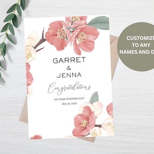 Carte de mariage personnalisée, Carte de félicitations pour le jour du mariage, Carte de mariage, Carte de félicitations de mariage, Carte de mariage floral corail