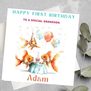 Carte d'anniversaire personnalisée de petit-fils, carte d'anniversaire poisson rouge, carte d'anniversaire d'amant de poisson, filleul, fils, carte d'anniversaire de petit-fils