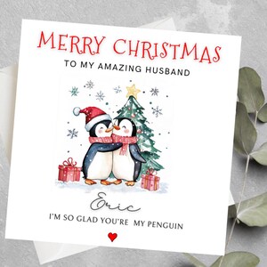 Carte de Noël personnalisée pingouin pour mari, femme, partenaire, carte de Noël romantique pour couple, jolie carte de Noël pingouin pour couple